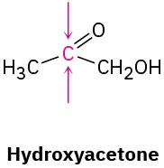 The structure of hydroxyacetone. Two arrows, one from the top and other from the bottom, point toward the central carbon.