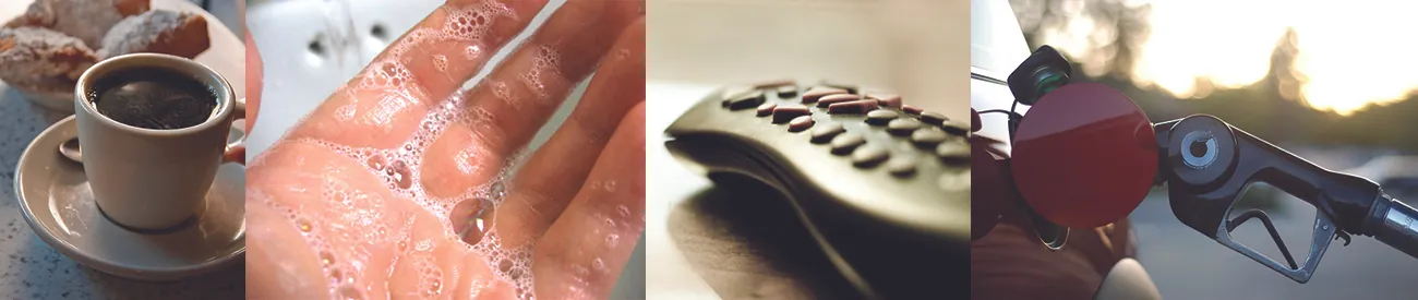A photo collage shows a cup of black coffee, a hand covered in foamy soap, a remote control, and a gasoline pump nozzle inserted into a vehicle’s gas tank.