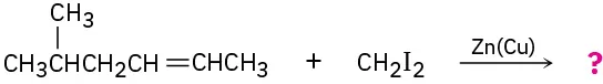 A 6-carbon chain with a double bond at C2 and methyl at C5 reacts with diiodomethane in the presence of zinc-copper to form unknown product(s), depicted by a question mark.