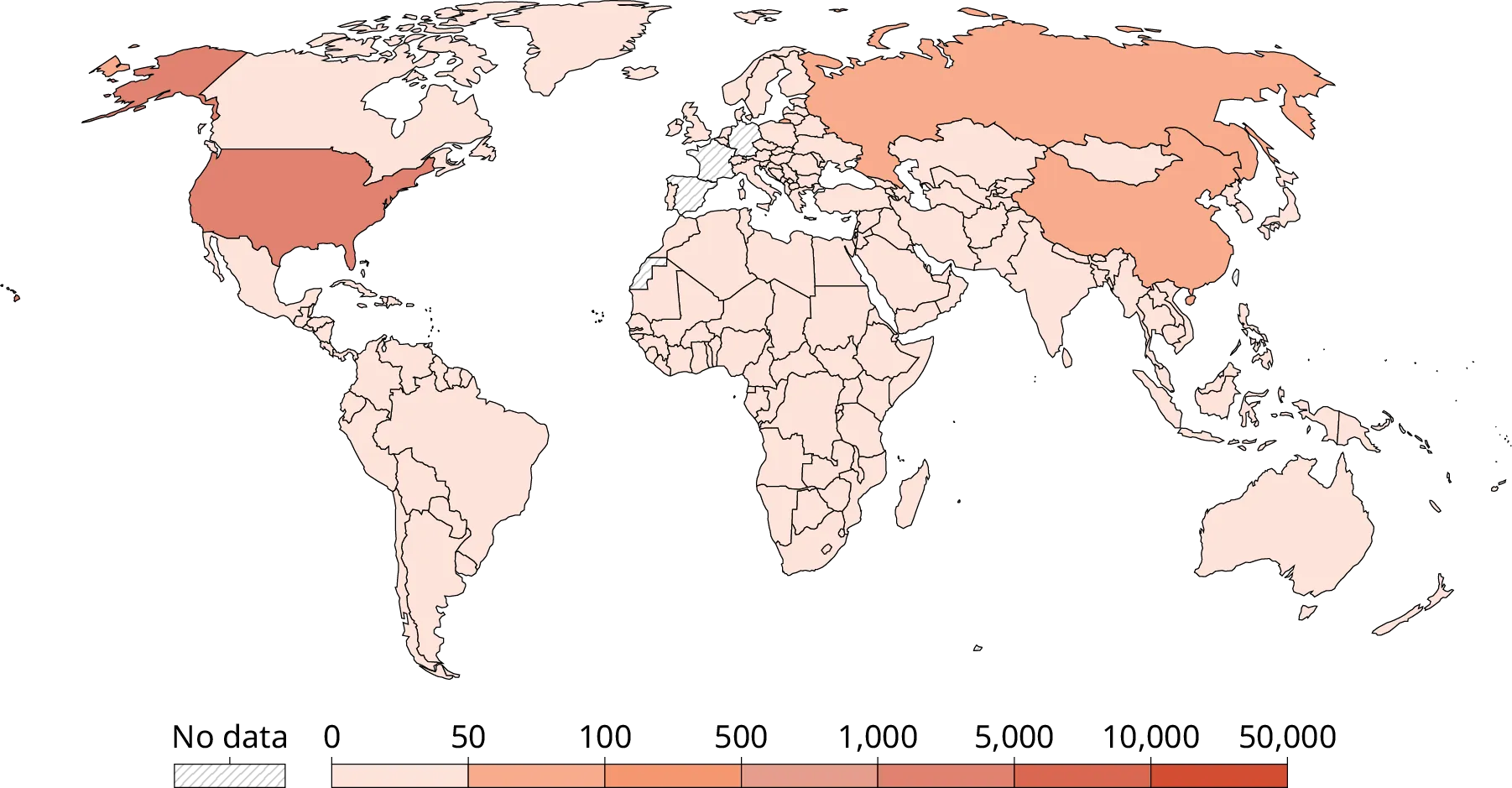 A choropleth graph showing confirmed cases of COVID-19 on a world map. The color key at the bottom ranges from 0 to 50,000 with the color getting darker red as values get higher. The US, Russia, and China show the highest cases.