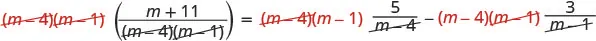 An algebraic equation demonstrates the cancellation of common factors in red strike-through text to simplify both sides of the equation. It shows a step in solving for 'm'.