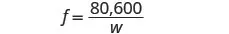 A mathematical equation is displayed, showing 'f equals 80,600 over w' on a white background, representing a formula likely used in algebra or physics.