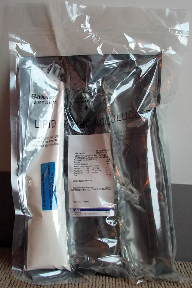 Total parental nutrition bag with glucose, amino acids, and fats kept separate.