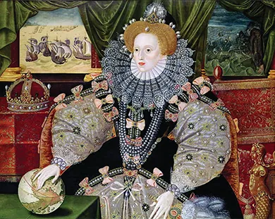 A portrait of Elizabeth I shows the queen in full regalia with her hand on a globe. Behind her, through the windows, scenes showing the defeat of the Spanish Armada are visible.