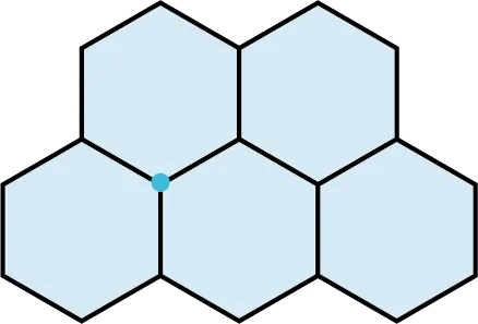 A tessellation pattern is made up of five hexagons. In the first row, two hexagons are present. In the second row, three hexagons are present. A point is marked at the bottom vertex of the first hexagon.