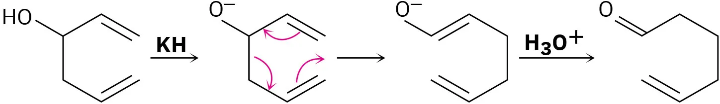 Hexa-1,5-dien-3-ol reacts in potassium hydride. Deprotonation is followed by Cope rearrangement to hexa-1,5-dien-1-oxide. Hydronium workup produces 5-hexenal.
