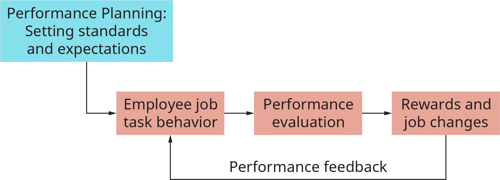 The chart starts with a box labeled performance planning; setting standards and expectations. This flows into employee job task behavior. This flows into performance evaluation. This flows into rewards and job changes. From here, the process flows back to employee job task behavior, and is labeled performance feedback.