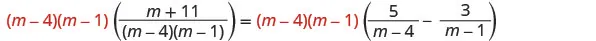 An algebraic equation showing both sides multiplied by (m-4)(m-1) to clear denominators, simplifying the expression involving fractions with variables m.