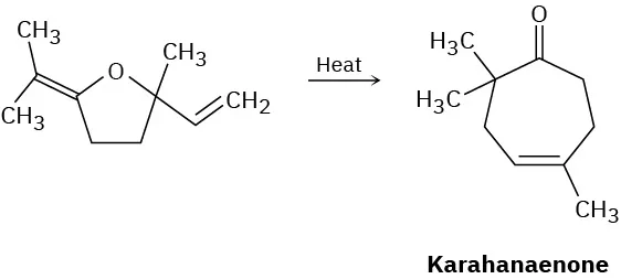 Cyclopentane having oxygen atom, methyl, methine double bonded to methylene, and double bond linked to two methyl groups reacts with heat to form Karahanaenone with double bond at C 4.
