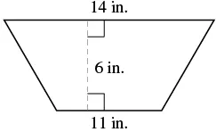 A trapezoid is displayed with a top base of 14 inches, a bottom base of 11 inches, and a height of 6 inches, indicated by a dashed line and right angle symbols.