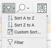 A screenshot of the Filter Feature in MS Excel with options to Sort A to Z, Sort Z to A, Custom Sort, and Filter.