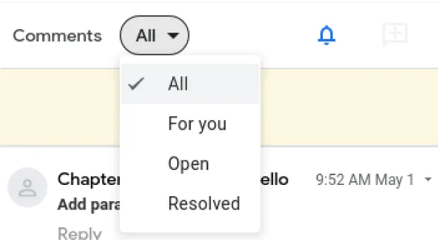 All is selected in Comments and displays options for All (selected), For you, Open, and Resolved. A bell icon for Change email notification settings for this document is located to the right.