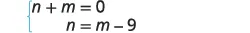 A system of two linear equations is presented, enclosed by a large left curly brace. The first equation is 'n + m = 0', and the second equation is 'n = m - 9'.
