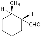 Cyclohexane ring in which one carbon has methyl (wedge) and H (dash) subtituents, and adjacent (clockwise) carbon has hydrogen (wedge) and C H O (dash) groups.