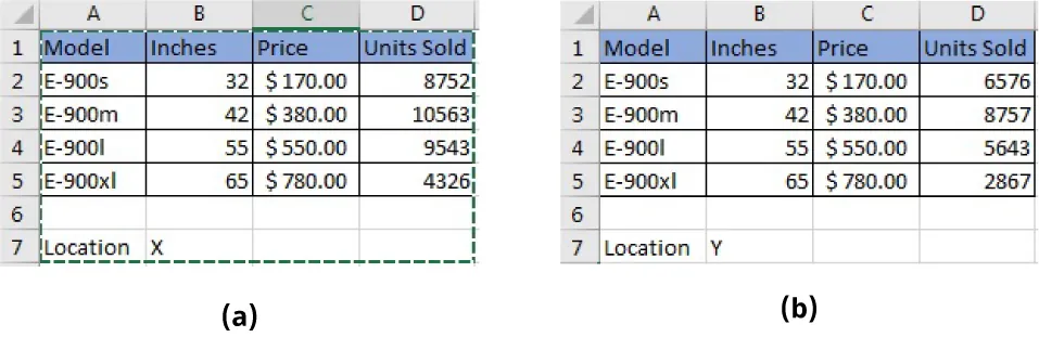 (a) Table with four columns and 5 rows labeled Location X is highlighted. (b) Same table copied, but now labeled Location Y displays different information in column D from table in (a).