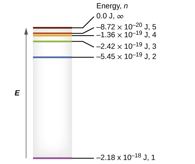 The figure includes a diagram representing the relative energy levels of the quantum numbers of the hydrogen atom. An upward pointing arrow at the left of the diagram is labeled, “E.” A grey shaded vertically-oriented rectangle is placed just right of the arrow. The rectangle height matches the arrow length. Colored horizontal line segments are placed inside the rectangle and labels are placed to the right of the box and arranged in a column with the heading, “Energy, n.” At the very base of the rectangle, a purple horizontal line segment is drawn. A black line segment extends to the right to the label, “negative 2.18 times 10 superscript negative 18 J, 1.” At a level approximately three-quarters of the distance to the top of the rectangle, a blue horizontal line segment is drawn. A black line segment extends to the right to the label, “negative 5.45 times 10 superscript negative 19 J, 2.” At a level approximately seven-eighths the distance from the base of the rectangle, a green horizontal line segment is drawn. A black line segment extends to the right to the label, “negative 2.42 times 10 superscript negative 19 J, 3.” Just a short distance above this segment, an orange horizontal line segment is drawn. A black line segment extends to the right to the label, “negative 1.36 times 10 superscript negative 19 J, 4.” Just above this segment, a red horizontal line segment is drawn. A black line segment extends to the right to the label, “negative 8.72 times 10 superscript negative 20 J, 5.” Just a short distance above this segment, a brown horizontal line segment is drawn. A black line segment extends to the right to the label, “0.00 J, infinity.”