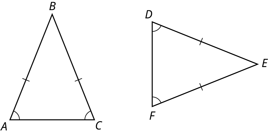 Two triangles, A B C and D E F. Angles A and C are equal and congruent to angles D and F. The sides, A B and B C are equal. The side, A B is congruent to the side, D E. The sides, D E and E F are equal. The side, B C is congruent to the side, E F.