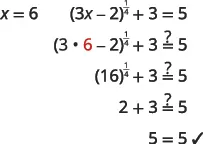 Verifying x=6 as the solution to (3x-2)^(1/4) + 3 = 5 by substituting x and simplifying the equation to confirm 5=5.