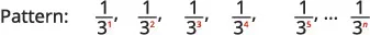 A mathematical pattern displays a sequence of fractions: 1/3^1, 1/3^2, 1/3^3, 1/3^4, 1/3^5, ..., up to 1/3^n, indicating an increasing exponent in the denominator.