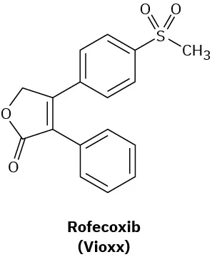 Rofecoxib (Vioxx) has a 5-membered ring made of an oxygen and four carbons with a double bond betwween C 2 and C 3 and C1 is a carbonyl group. Each of the carbons of the double bond is attached to a benzene ring, one of which is further substituted.