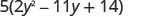 The image displays the mathematical expression 5(2y^2 - 11y + 14) in white text on a plain white background.
