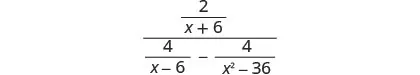A complex algebraic fraction with 2/(x+6) in the numerator and a difference of two fractions, 4/(x-6) - 4/(x^2-36), in the denominator.