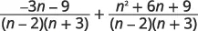 An algebraic expression showing the addition of two rational functions with a common denominator of (n-2)(n+3).