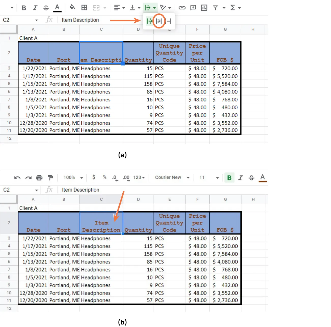 (a) Text in cell C2 is cut off, lacking space. Text wrapping opens to options for Wrap selected. (b) The words Item Description in cell C2 show completely on two lines.
