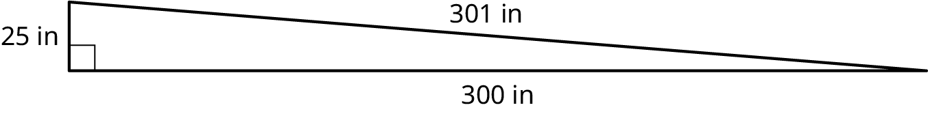 A right triangle with its legs marked 25 inches and 300 inches. The hypotenuse is marked 301 inches.