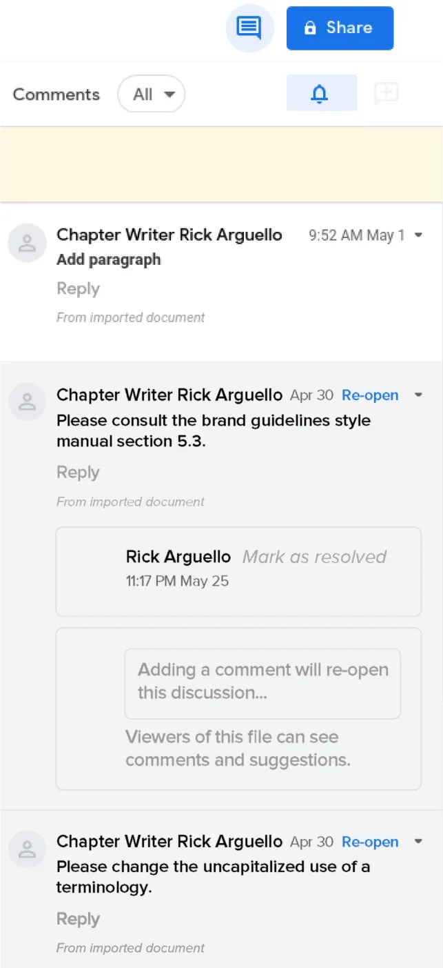 A Comments sidebar lists comments made in a document along with the name of the commentator and any replies made along with names of repliers.