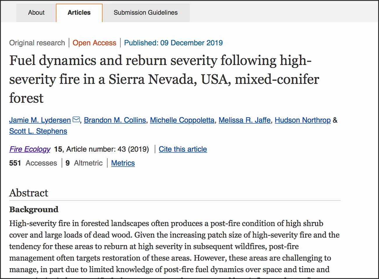 A screenshot of an academic journal web site, with tabs for “About,” “Articles (selected),” and “Submission Guidelines.” It features the access status, publishing date, title, authors’ name, references, and an abstract.