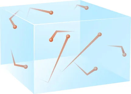 Gas Pressure Illustrated. An imaginary container is shown as a light blue cube. Within the cube are several dots representing the molecules of a gas. A line is drawn from each dot, narrowing in width down to the point from which the gas molecule has just traveled. Many dots have bounced off the sides of the cube, others are travelling in straight lines.