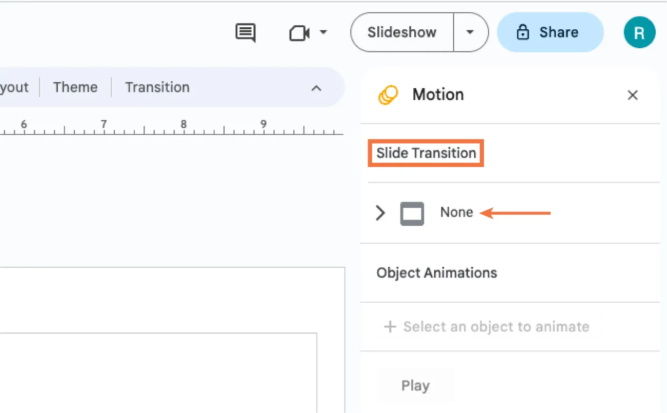 A close-up screenshot of the Slide Transition feature is shown. There is an arrow pointing to the None option.