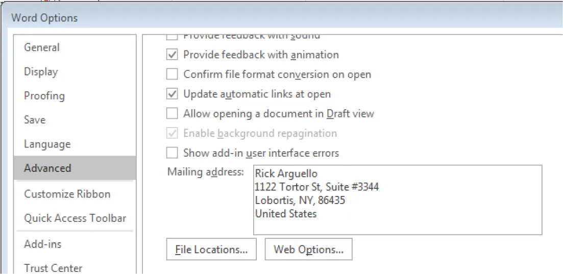 Advanced is selected in a Word Options window. Options selected include Provide feedback with animation and Update automatic links at open. An address is inserted into Mailing address pane.
