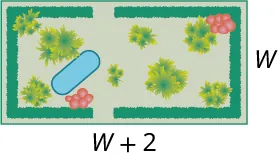 A rectangular garden with its length and width marked W plus 2 and W.