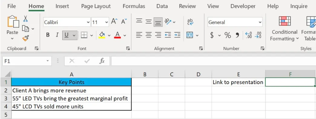 Cell E1 displays text: Link to presentation. Cell F1 is selected.
