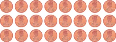An image of 3 horizontal rows of pennies, each row containing 8 pennies.