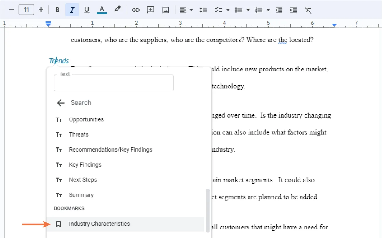 An open pane lists the headings in a document as well as the Bookmarks. An arrow points to the bookmark Industry Characteristics.