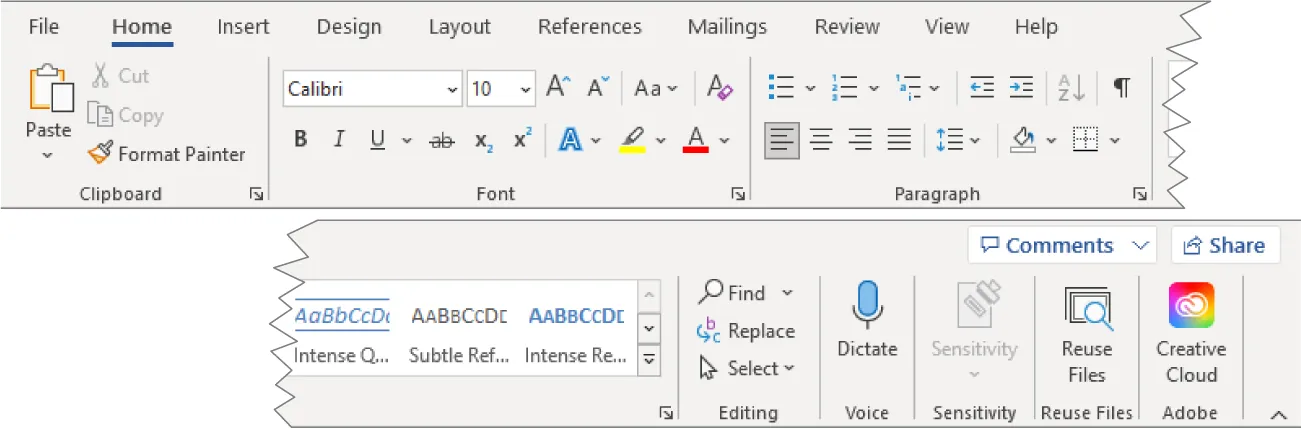 Word Home tab options: File, Home, Insert, Design, Layout, References, Mailings, Review, View, Help. Each tab includes various command groups.