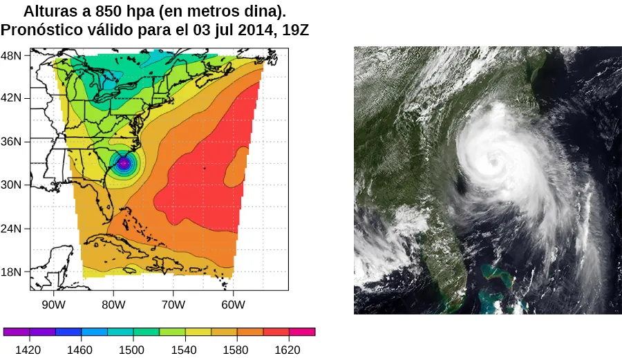 La figura de la izquierda es un mapa de presión del huracán Arthur recorriendo la costa este. El centro de baja presión se indica con el punto azul. La figura de la derecha es una foto de satélite del huracán Arthur recorriendo la costa este de los Estados Unidos.