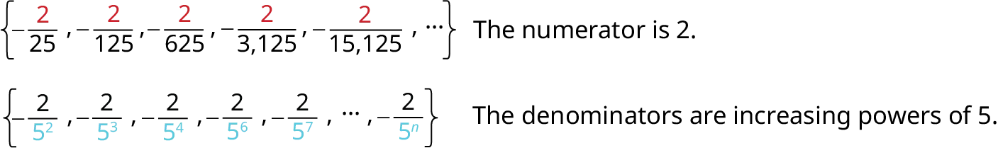 The image illustrates a sequence of fractions. The top line shows the sequence as {2/25, 2/125, 2/625, 2/3,125, 2/15,125, ...} and explicitly states that the numerator is 2. The bottom line reiterates the sequence with the denominators expressed as powers of 5: {2/5^2, 2/5^3, 2/5^4, 2/5^6, 2/5^7, ..., 2/5^n}, clarifying that the denominators are increasing powers of 5.