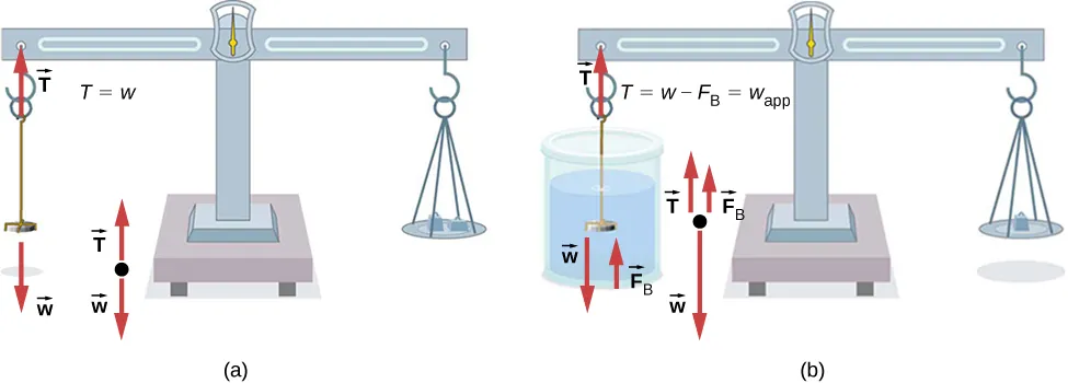 La figura A es un dibujo de una moneda en el aire pesada en una balanza manual. Se usa un contrapeso grande para compensar la moneda. La figura B es un dibujo de la misma moneda en agua pesada en la balanza manual. Se usa un contrapeso más pequeño para compensar la moneda.