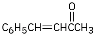 The structure of 4-phenylbut-3-en-2-one shows a four-carbon chain with a phenyl group on the fourth and a carbonyl on second carbon. The third and fourth carbon is double-bonded.