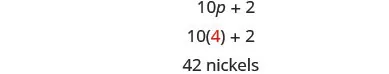 An algebraic expression 10p + 2 is evaluated with p=4, showing 10(4) + 2 which equals 42 nickels.