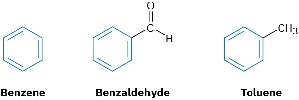 The structures of benzene, benzaldehyde, and toluene. In each structure, the benzene ring is highlighted in blue.