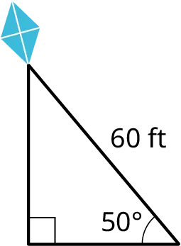 A right triangle. A kite is placed at the top of the triangle. The hypotenuse measures 60 feet. The angle made by the hypotenuse and the horizontal leg measures 50 degrees.