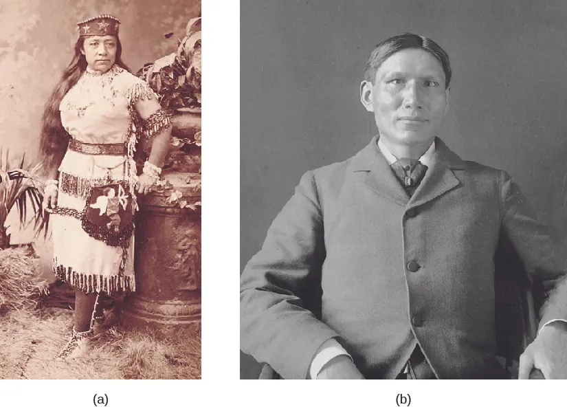 Image A is of Sarah Winnemucca wearing traditional Paiute clothing. Image B is of Charles Eastman wearing a suit.