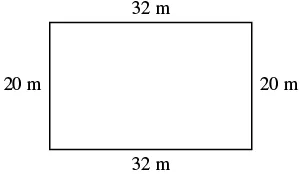A rectangle is shown with sides labeled 32 m and 20 m, indicating its length and width.