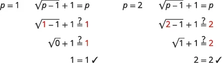 Step-by-step verification of the equation sqrt(p-1) + 1 = p, confirming its truth for p=1 and p=2 in these two examples.