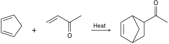 Cyclopentadiene reacts with a but-3-en-2-one in the presence of heat to form a ketone with a methyl group and a bridged cyclic group.